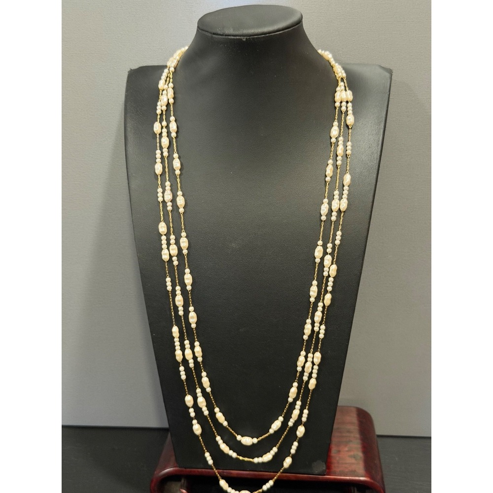 Signed Napier Gold Tone Triple Strand Beaded Imitation Pearl Necklace 30" VTG
